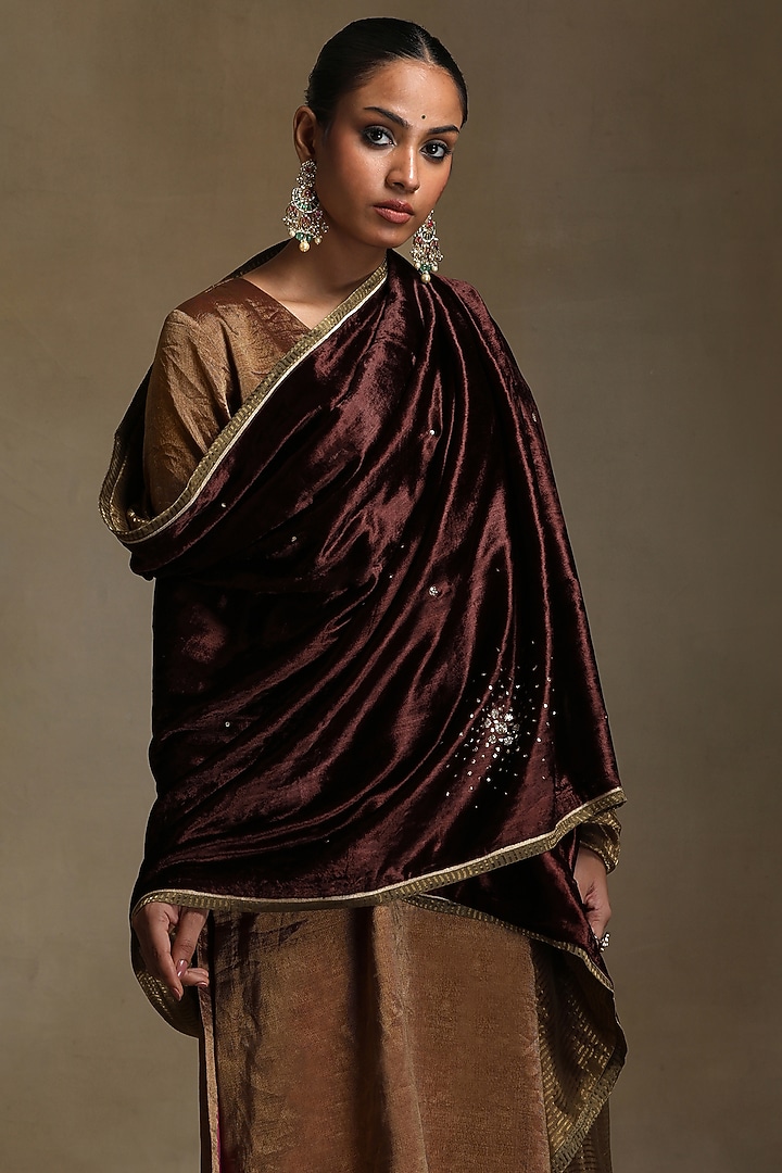 Brown Silk Velvet Hand Embroidered Dushala by Weaverstory at Pernia's Pop Up Shop