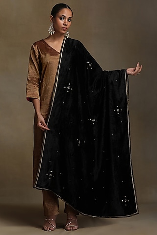 Black Silk Velvet Hand Embroidered Dushala by Weaverstory