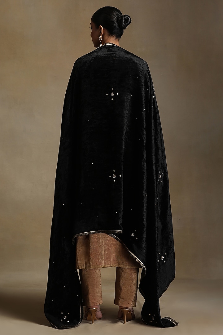 Black Silk Velvet Hand Embroidered Dushala by Weaverstory at Pernia's Pop Up Shop