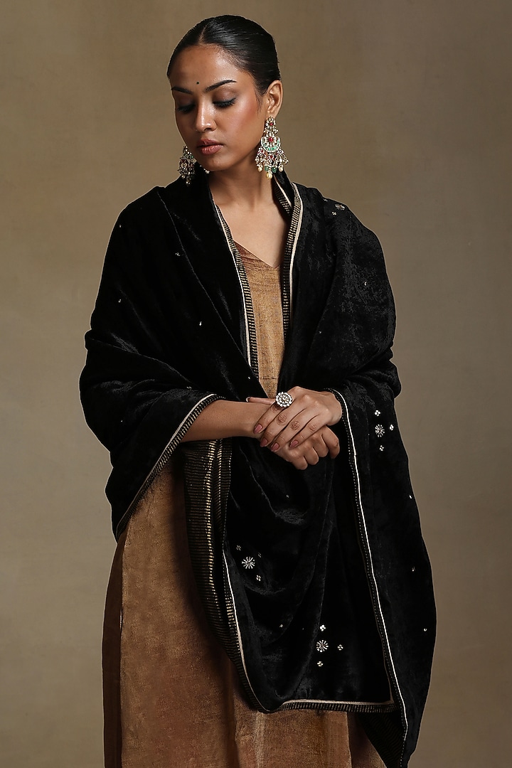 Black Silk Velvet Hand Embroidered Dushala by Weaverstory at Pernia's Pop Up Shop