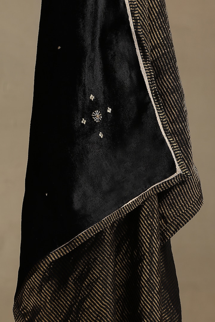 Black Silk Velvet Hand Embroidered Dushala by Weaverstory at Pernia's Pop Up Shop