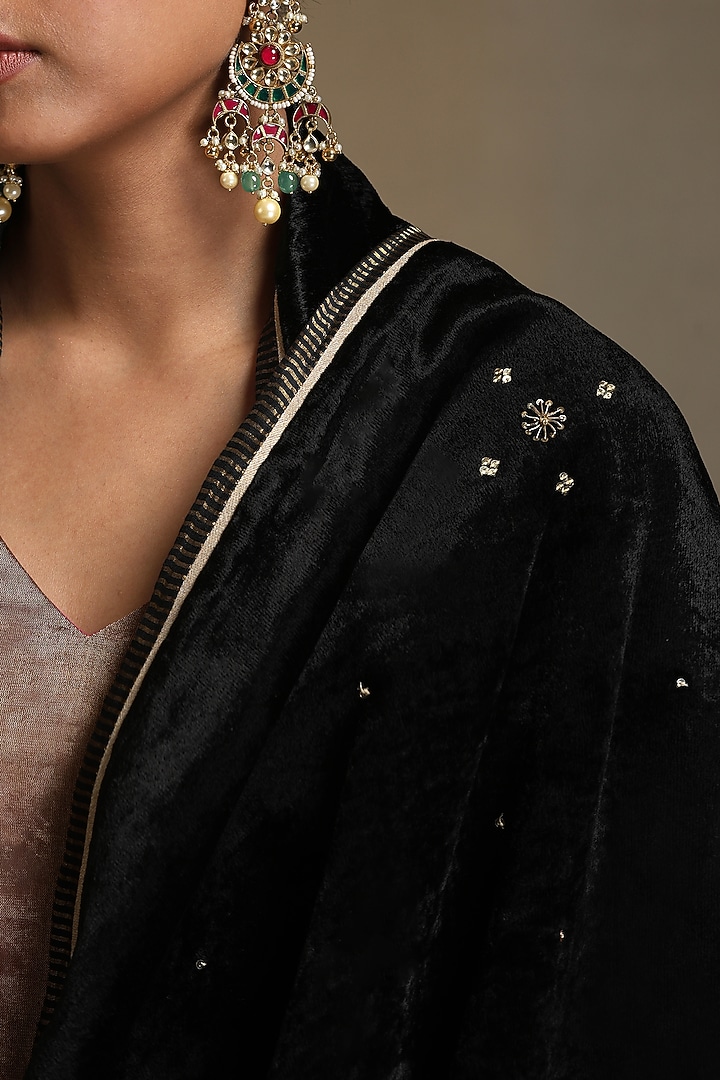Black Silk Velvet Hand Embroidered Dushala by Weaverstory at Pernia's Pop Up Shop