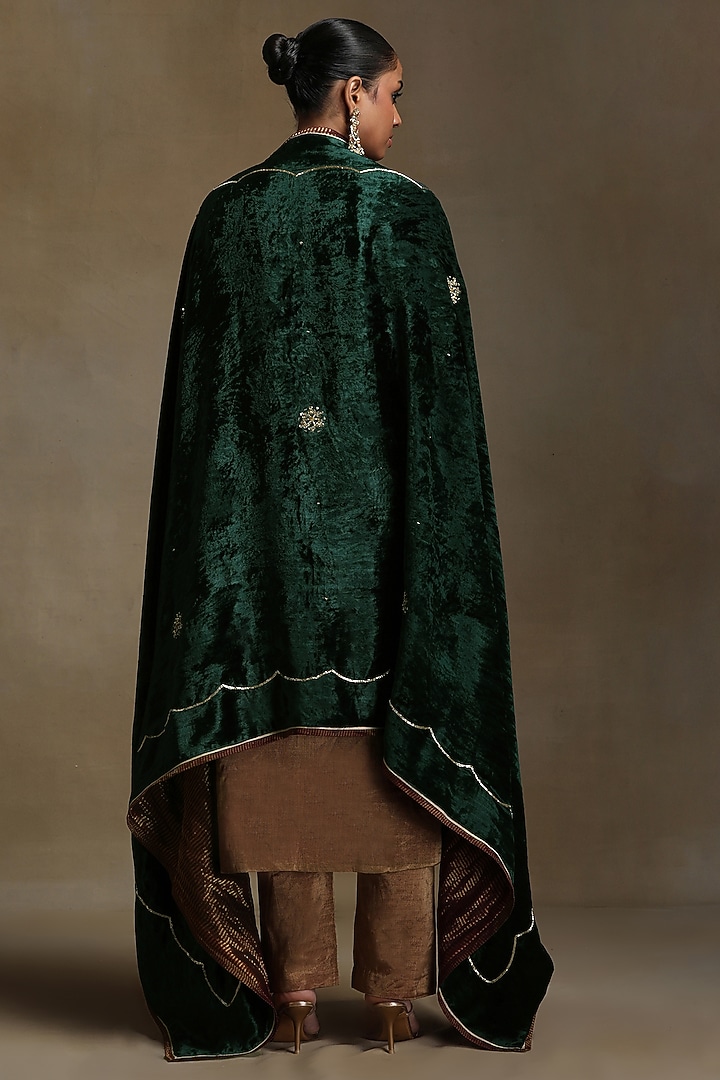 Bottle Green Silk Velvet Hand Embroidered Dushala by Weaverstory at Pernia's Pop Up Shop
