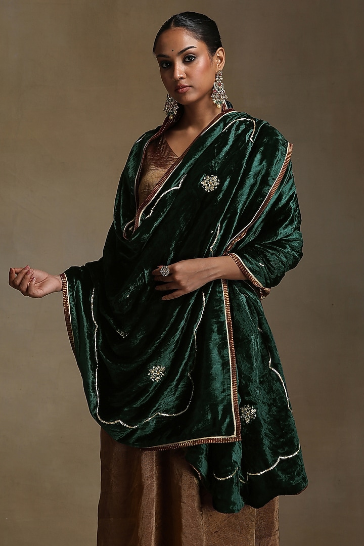Bottle Green Silk Velvet Hand Embroidered Dushala by Weaverstory at Pernia's Pop Up Shop