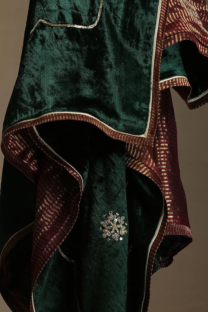 Bottle Green Silk Velvet Hand Embroidered Dushala by Weaverstory at Pernia's Pop Up Shop