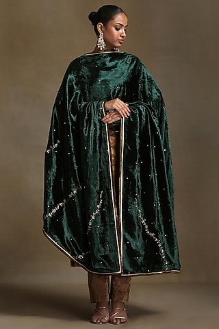 Bottle Green Silk Velvet Hand Embroidered Dushala by Weaverstory