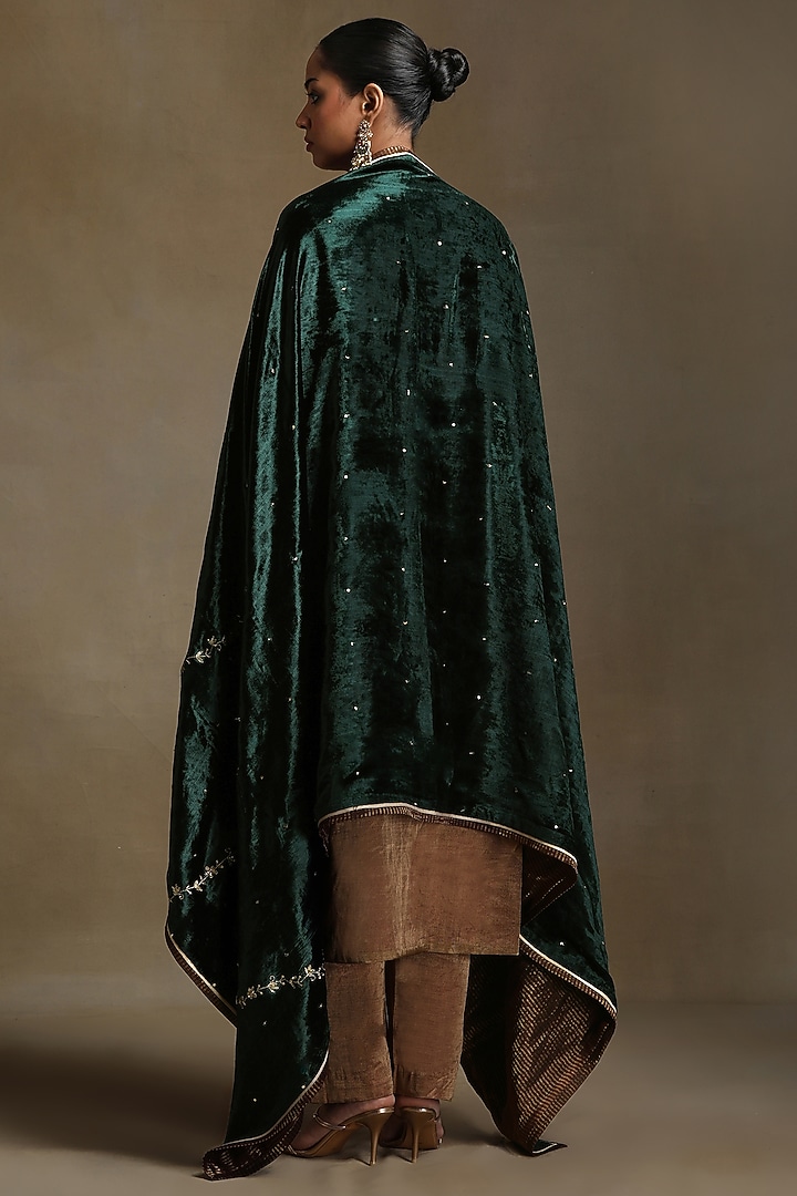 Bottle Green Silk Velvet Hand Embroidered Dushala by Weaverstory at Pernia's Pop Up Shop