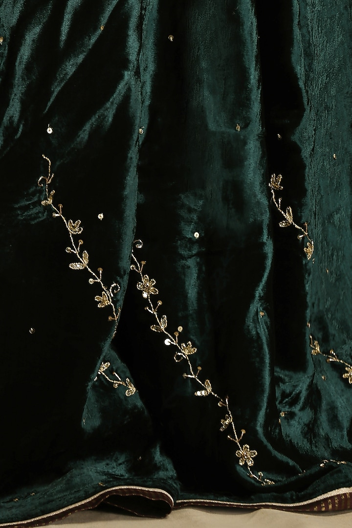 Bottle Green Silk Velvet Hand Embroidered Dushala by Weaverstory at Pernia's Pop Up Shop