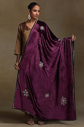 Plum Silk Velvet Hand Embroidered Dushala by Weaverstory
