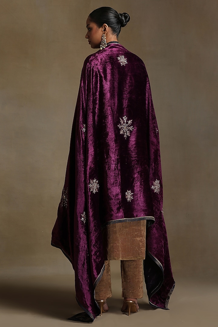 Plum Silk Velvet Hand Embroidered Dushala by Weaverstory at Pernia's Pop Up Shop