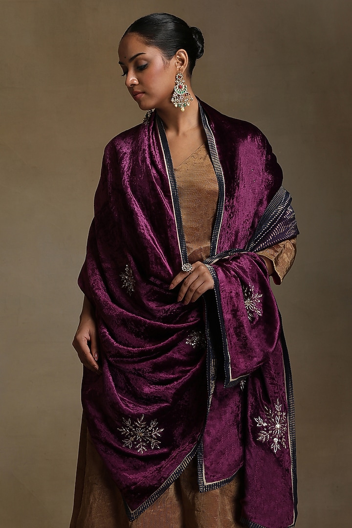 Plum Silk Velvet Hand Embroidered Dushala by Weaverstory at Pernia's Pop Up Shop
