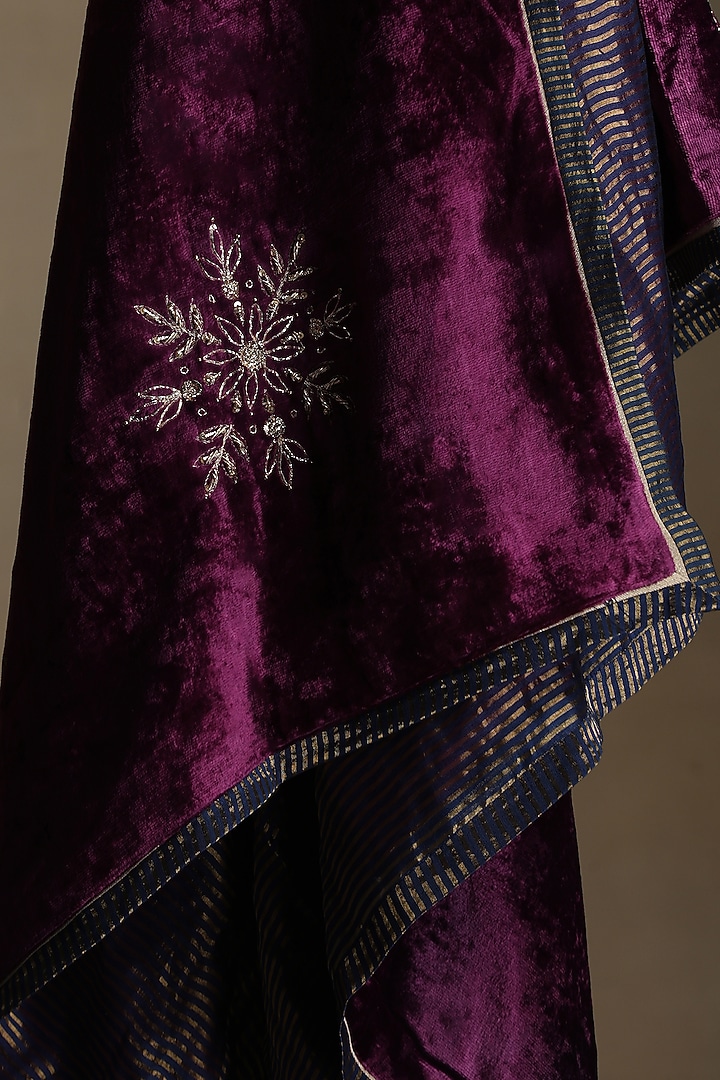 Plum Silk Velvet Hand Embroidered Dushala by Weaverstory at Pernia's Pop Up Shop