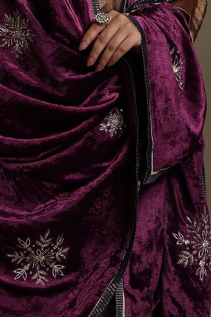 Plum Silk Velvet Hand Embroidered Dushala by Weaverstory at Pernia's Pop Up Shop