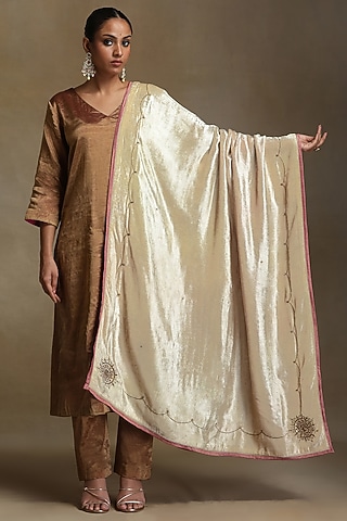 Off-White Silk Velvet Hand Embroidered Dushala by Weaverstory