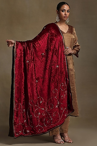Red Silk Velvet Hand Embroidered Dushala by Weaverstory