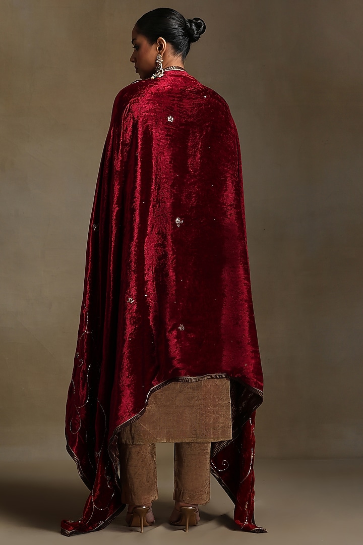 Red Silk Velvet Hand Embroidered Dushala by Weaverstory at Pernia's Pop Up Shop