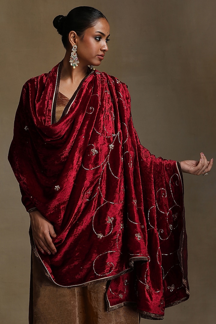 Red Silk Velvet Hand Embroidered Dushala by Weaverstory at Pernia's Pop Up Shop