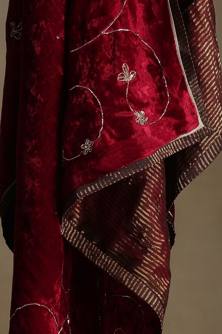 Red Silk Velvet Hand Embroidered Dushala by Weaverstory at Pernia's Pop Up Shop