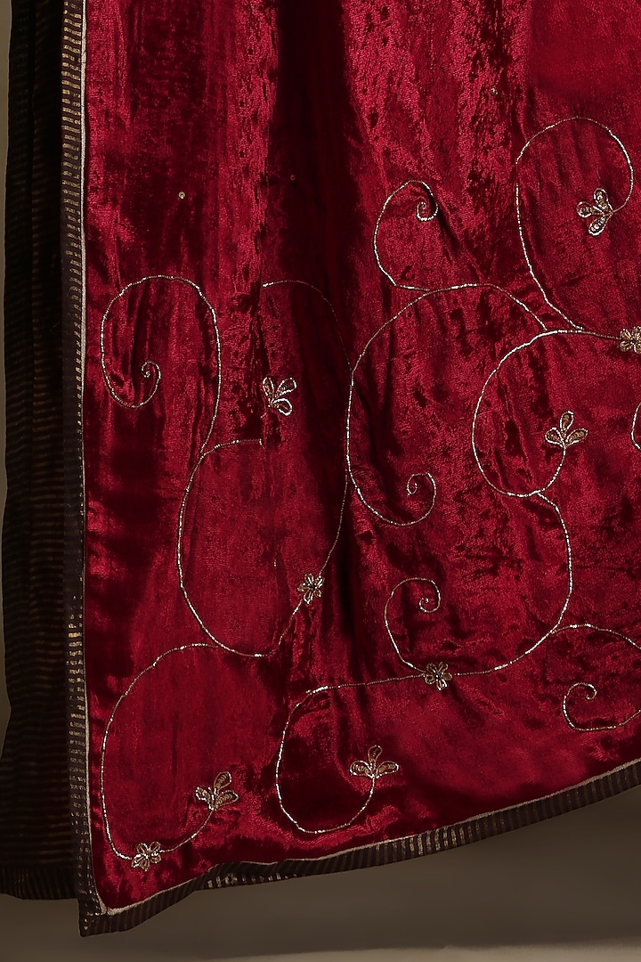 Red Silk Velvet Hand Embroidered Dushala by Weaverstory at Pernia's Pop Up Shop