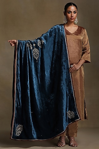 Teal Silk Velvet Hand Embroidered Dushala by Weaverstory