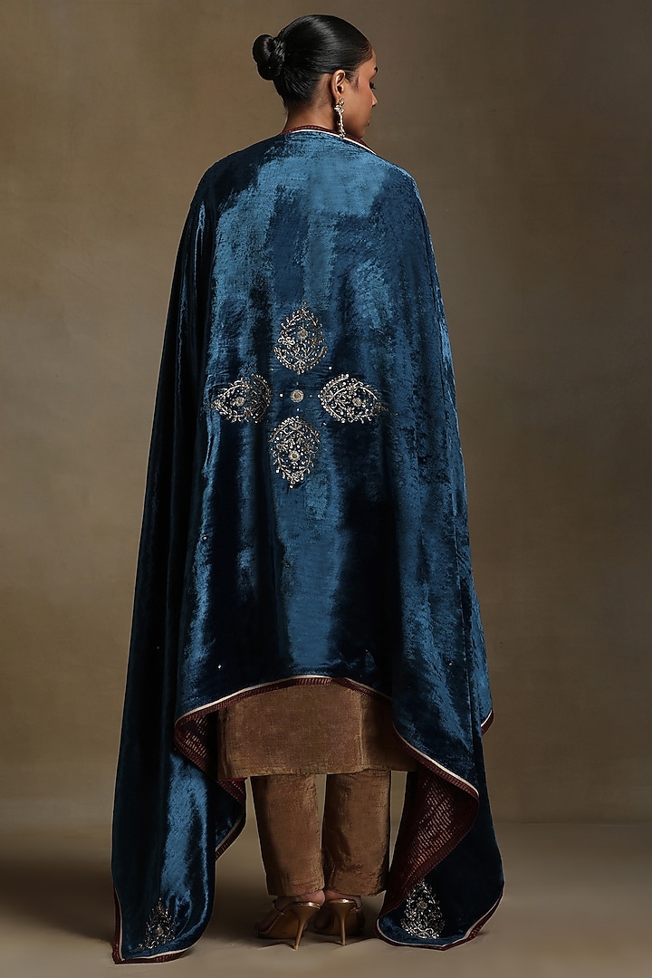Teal Silk Velvet Hand Embroidered Dushala by Weaverstory at Pernia's Pop Up Shop