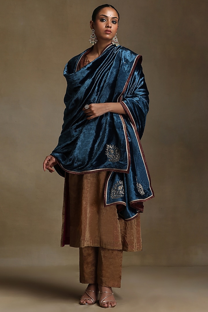 Teal Silk Velvet Hand Embroidered Dushala by Weaverstory at Pernia's Pop Up Shop