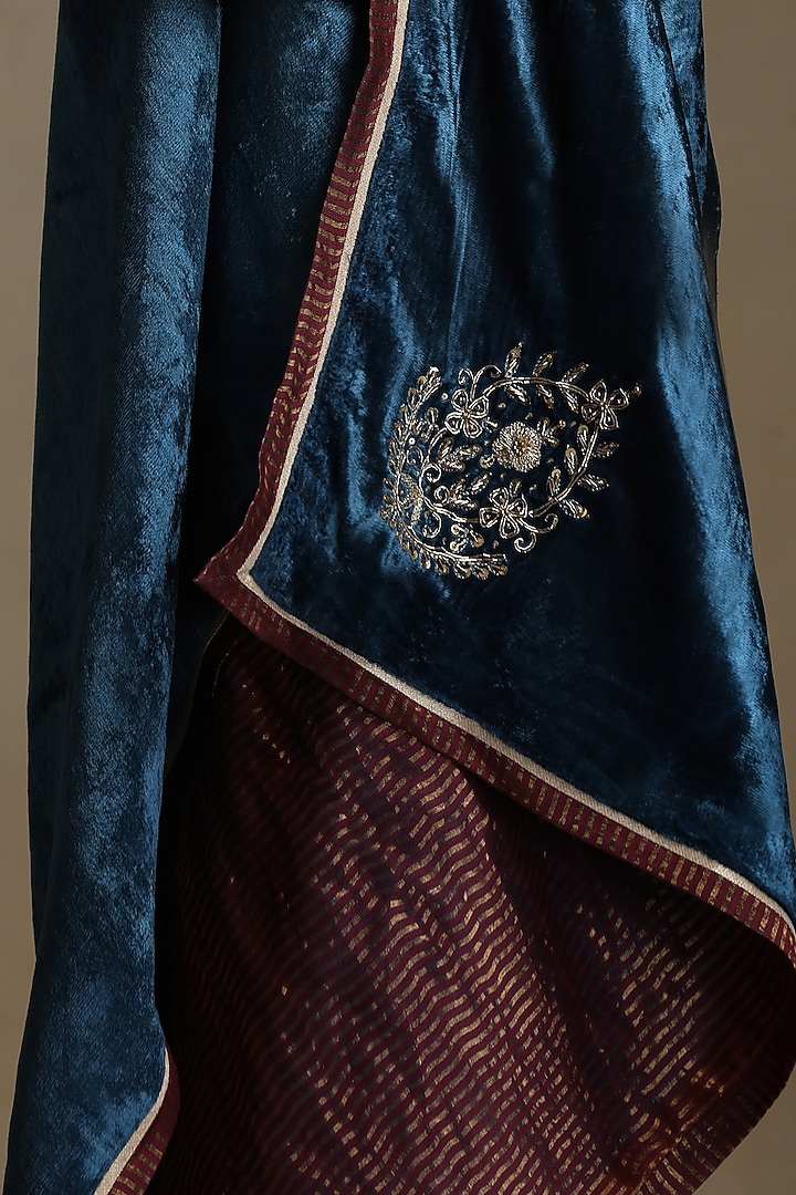 Teal Silk Velvet Hand Embroidered Dushala by Weaverstory at Pernia's Pop Up Shop