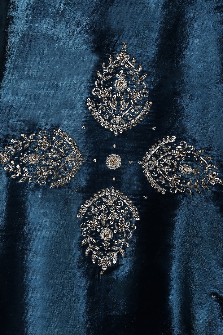 Teal Silk Velvet Hand Embroidered Dushala by Weaverstory at Pernia's Pop Up Shop