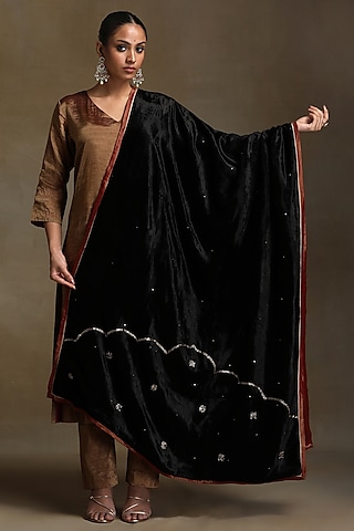 Black Silk Velvet Hand Embroidered Dushala by Weaverstory