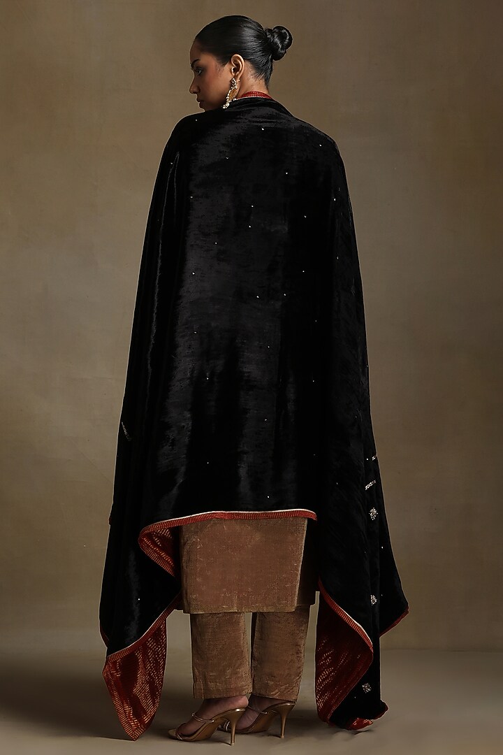 Black Silk Velvet Hand Embroidered Dushala by Weaverstory at Pernia's Pop Up Shop