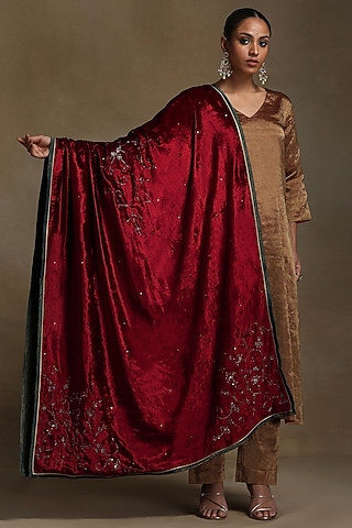 Red Silk Velvet Hand Embroidered Dushala by Weaverstory