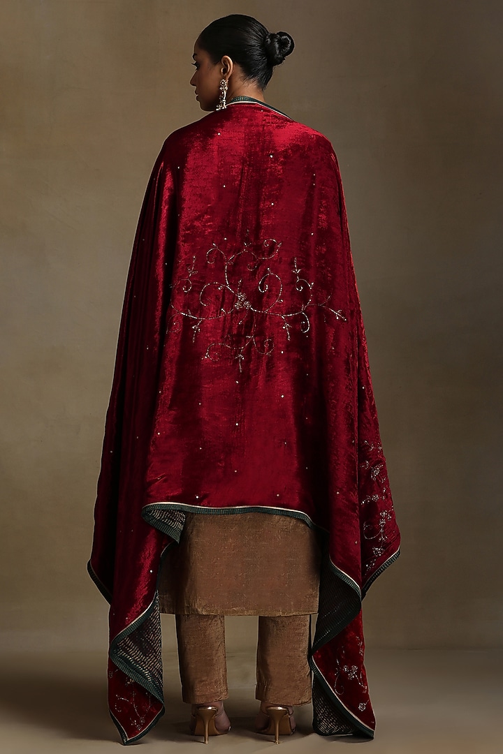 Red Silk Velvet Hand Embroidered Dushala by Weaverstory at Pernia's Pop Up Shop