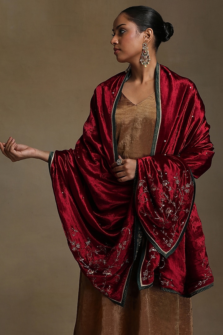 Red Silk Velvet Hand Embroidered Dushala by Weaverstory at Pernia's Pop Up Shop