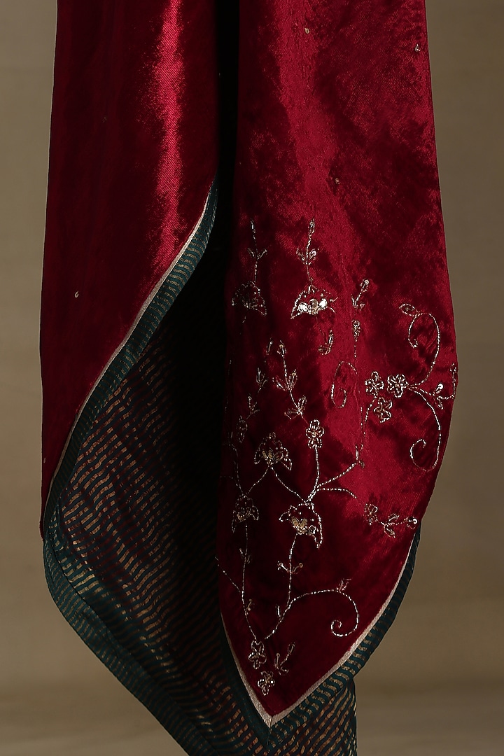 Red Silk Velvet Hand Embroidered Dushala by Weaverstory at Pernia's Pop Up Shop