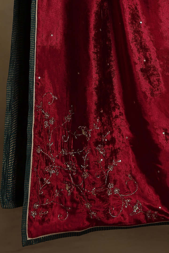 Red Silk Velvet Hand Embroidered Dushala by Weaverstory at Pernia's Pop Up Shop