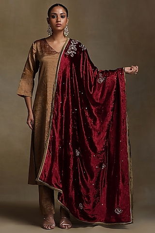 Red Silk Velvet Hand Embroidered Dushala by Weaverstory