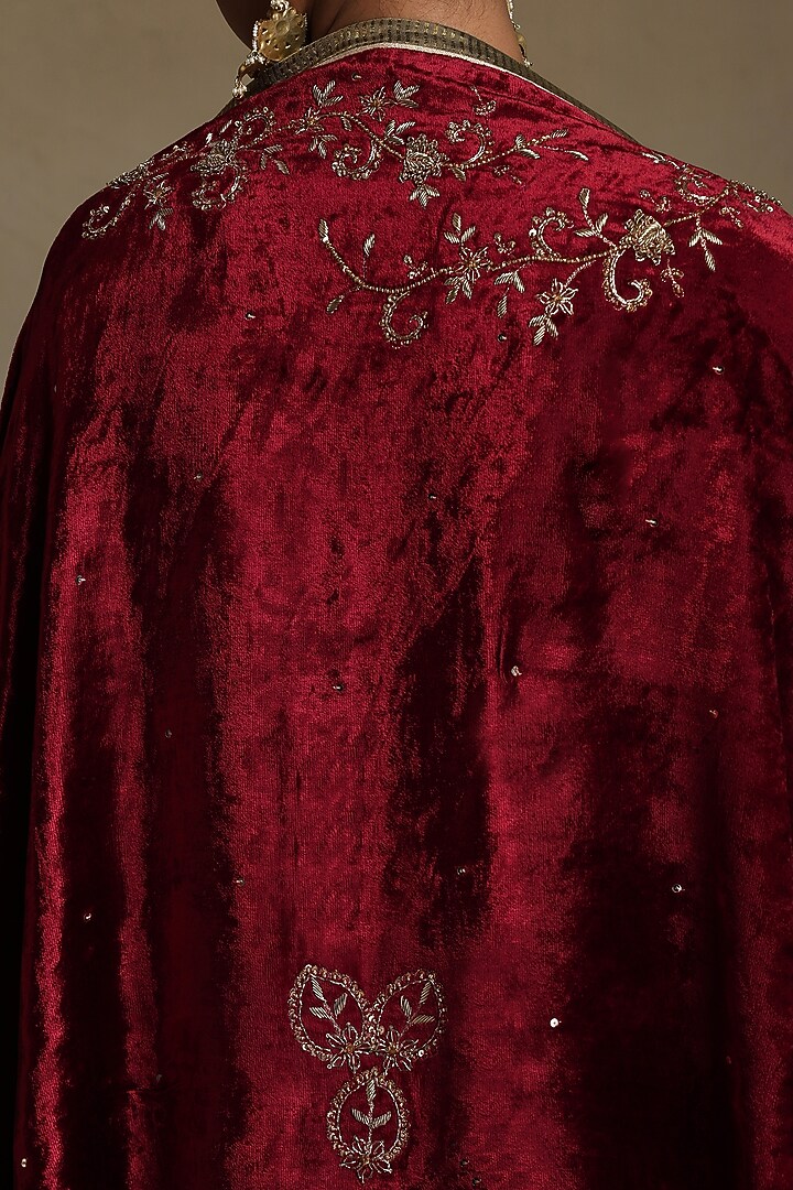 Red Silk Velvet Hand Embroidered Dushala by Weaverstory at Pernia's Pop Up Shop