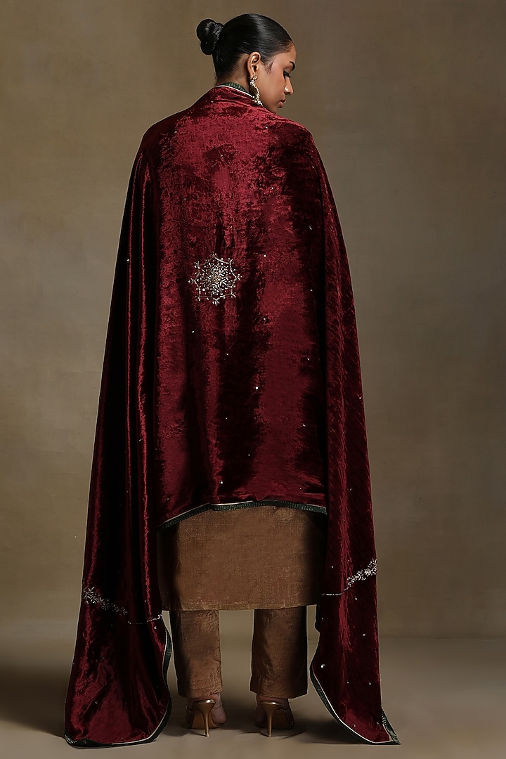 Brown Silk Velvet Hand Embroidered Dushala by Weaverstory at Pernia's Pop Up Shop