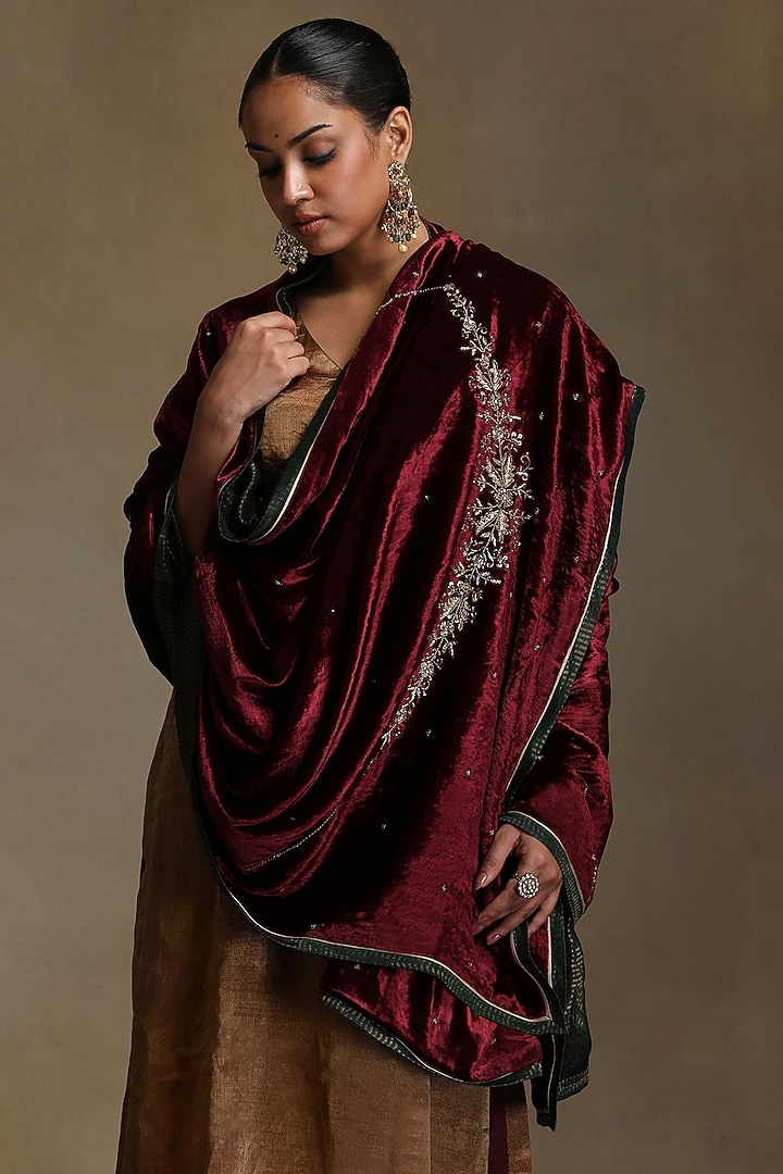 Brown Silk Velvet Hand Embroidered Dushala by Weaverstory at Pernia's Pop Up Shop