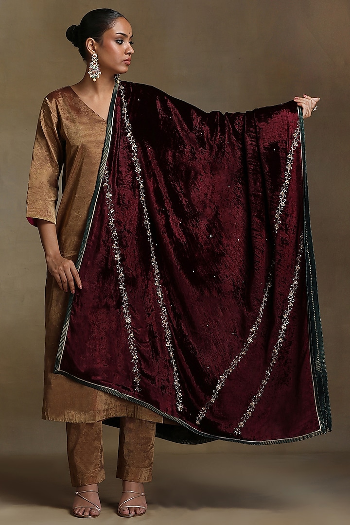 Wine Silk Velvet Hand Embroidered Dushala by Weaverstory at Pernia's Pop Up Shop