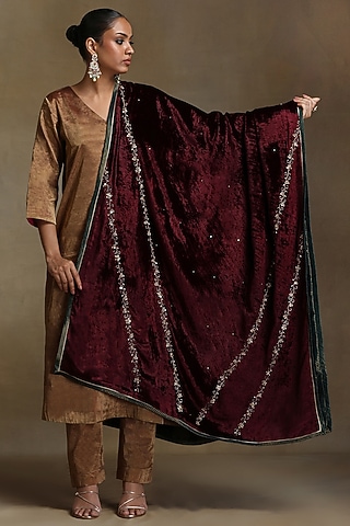 Wine Silk Velvet Hand Embroidered Dushala by Weaverstory
