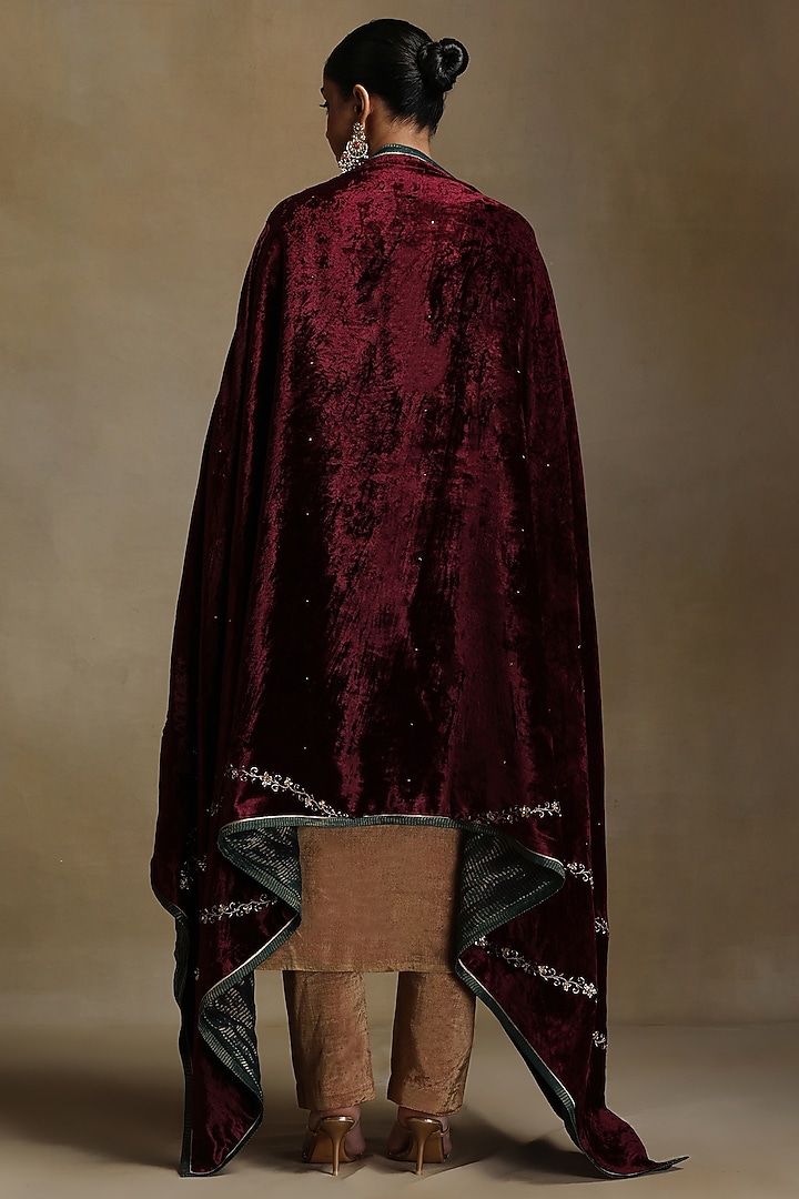 Wine Silk Velvet Hand Embroidered Dushala by Weaverstory at Pernia's Pop Up Shop