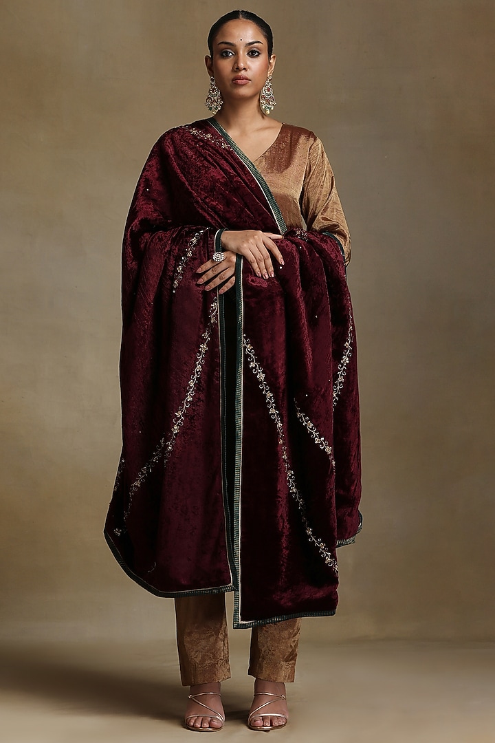 Wine Silk Velvet Hand Embroidered Dushala by Weaverstory at Pernia's Pop Up Shop