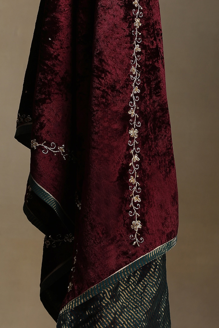 Wine Silk Velvet Hand Embroidered Dushala by Weaverstory at Pernia's Pop Up Shop