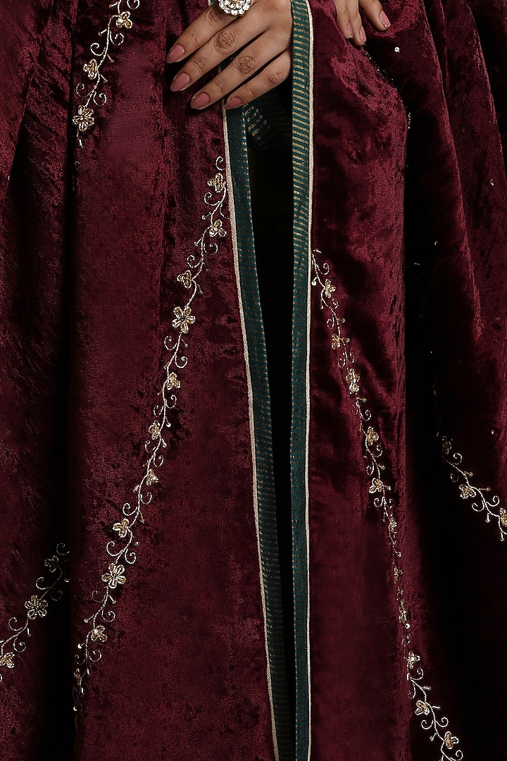 Wine Silk Velvet Hand Embroidered Dushala by Weaverstory at Pernia's Pop Up Shop