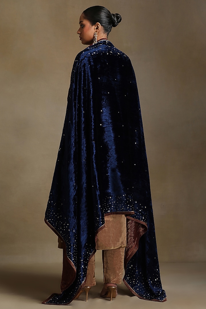 Blue Silk Velvet Hand Embroidered Dushala by Weaverstory at Pernia's Pop Up Shop