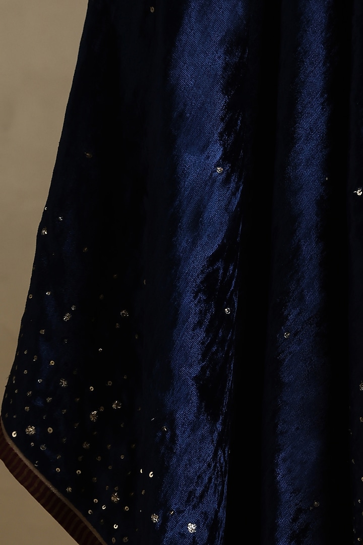 Blue Silk Velvet Hand Embroidered Dushala by Weaverstory at Pernia's Pop Up Shop