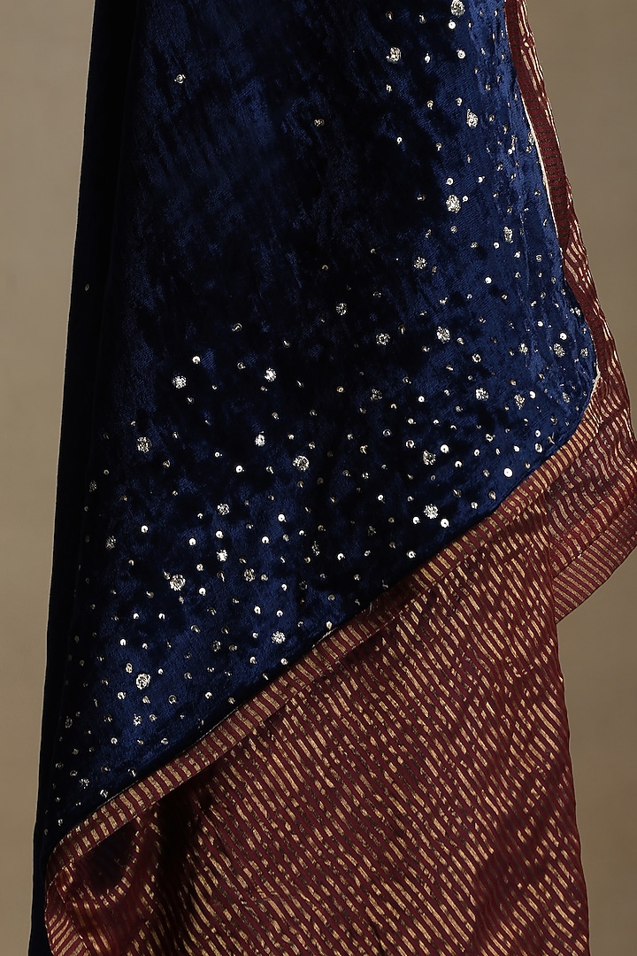 Blue Silk Velvet Hand Embroidered Dushala by Weaverstory at Pernia's Pop Up Shop