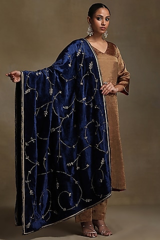 Blue Silk Velvet Hand Embroidered Dushala by Weaverstory