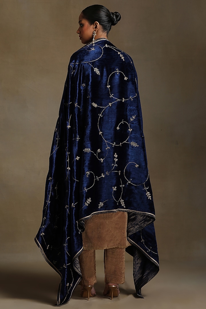 Blue Silk Velvet Hand Embroidered Dushala by Weaverstory at Pernia's Pop Up Shop
